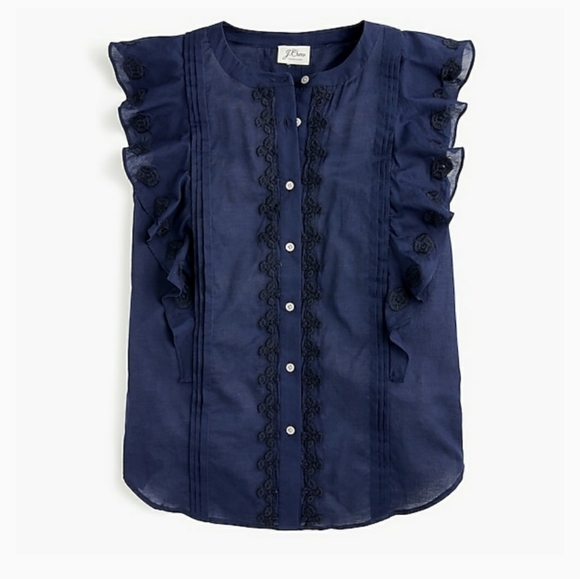 NWT J. Crew Blue Embroidered No Collar Sleeveless Ruffle Top Size 0 - Picture 10 of 10